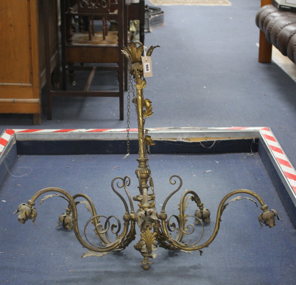 A Louis XV style gilt brass acanthus decorated five branch chandelier, drop 77cm diameter 80cm approx.
